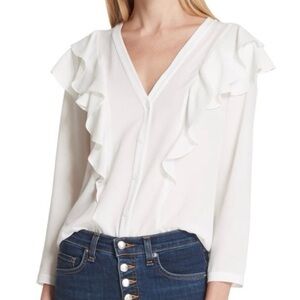 New Veronica Beard Off-White Ruffle Shoulder Button down collarless Blouse